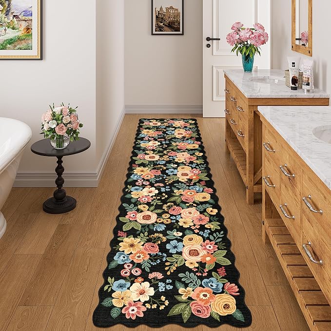DUKINO 2x8 Washable Runner Rug, Lightweight Soft Floral Hallway Rug Runner with Low Pile Design, Non Shedding & Non Slip Backing Thin Indoor Carpet for Bedroom, Bathroom, Entrance, Kitchen, Black