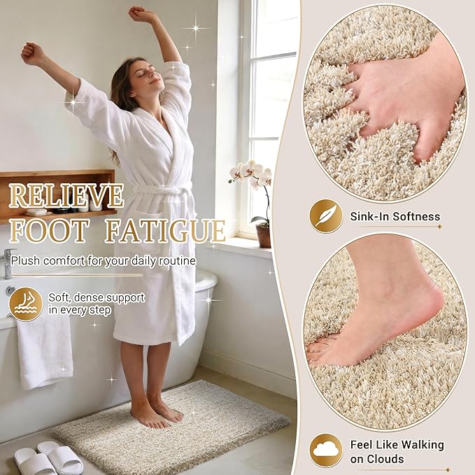 Yimobra Bathroom Rugs Non Slip Washable, Ultra Soft and Water Absorbent Bath Mats, Plush Fluffy Shower Mat Outside, Microfiber Thick Matts for Bathroom Floor/Sink, 24X17, Light Beige and White