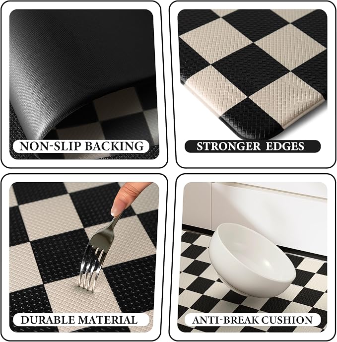Scalloped Beige Black Checkered Grid Checkerboard Kitchen Rug Sets [2 PCs], Anti-Fatigue, Waterproof Non-Slip Kitchen Mats Heavy Duty Comfort Foam Rug for Kitchen, Floor, Laundry,17"x29"+17"x47"