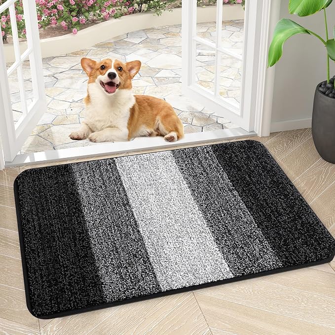 Kitinjoy Indoor Outdoor Door Mat, 30x17 Non-Slip Absorbent Dirt Trapper, Low-Profile Washable Inside Entrance Front Floor Mat, Sturdy Soft Entry Doormats for Entryway, Black