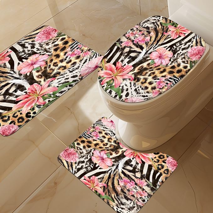 4 PCS Leopard Floral Shower Curtain Set 72Wx72H,Toilet Lid Cover,Non-Slip Rugs and U-Shaped Mat, Zebra Print Flower Bathroom Sets with Rugs Shower Accessories 12 Hooks for Bathroom Decor