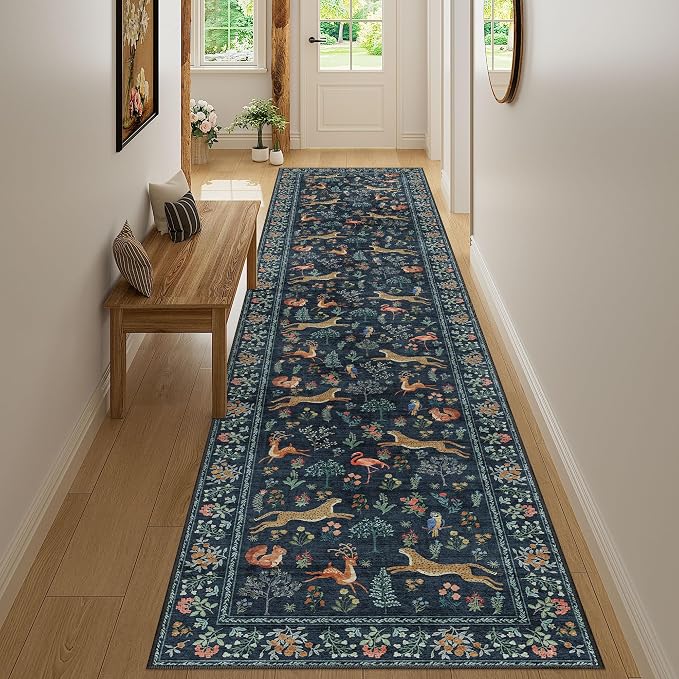 DUKINO 2.6x12 Hallway Runner Rug, Vintage Washable Loog Kitchen Rug with Non Slip Backing, Stain Resistant & Low Pile Animal Print Carpet for Indoor Entrance Bathroom, Laundry, Bedroom, Navy Blue