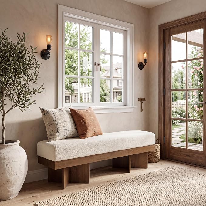 LITTLE TREE 55" Entryway Bench with Faux Lamb Wool, Upholstered Bench with X-Legs, for Living Room, Bedroom, or Foyer (White & Light Walnut)