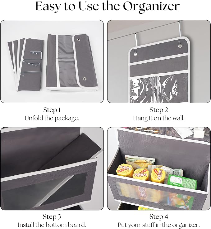 Giraffe Creation Gray Over Door Organizer with 4 Large Clear Pockets, Neutral Hanging Door Storage for Closet, Bathroom, Bedroom, Dorm, Nursery, Toys, Toiletries