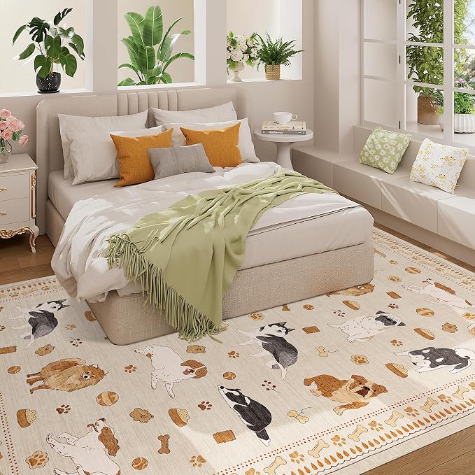 DUKINO 6x9 Rug for Living Room, Lightweight Animal Dog Print Washable Area Rug, Non Slip & Low Pile Floor Mat, Stain Resistant Large Carpet for Bedroom, Nursery, Farmhouse, Kids Playroom, Beige Yellow