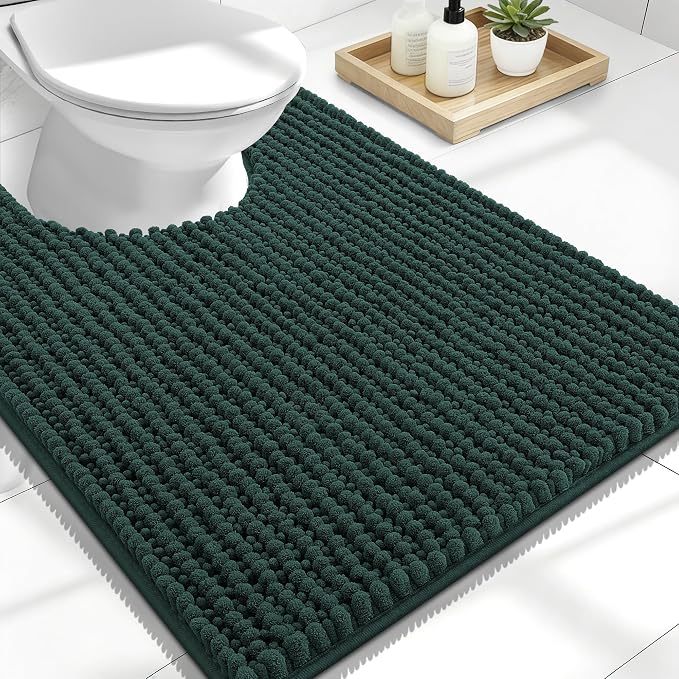 OLANLY Thick Toilet Rugs U-Shaped 24x20, Extra Soft Absorbent Shaggy Chenille Contour Bathroom Rugs for Toilet, Dry Quickly, Machine Washable, Non-Slip Bath Mat, Blackish Green