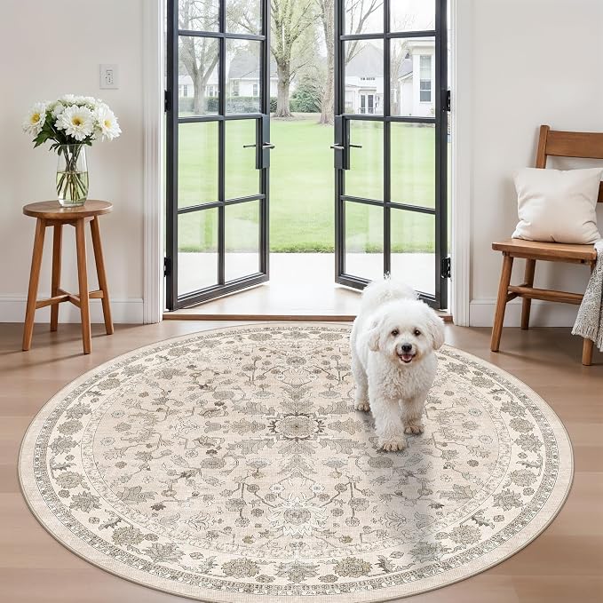 Round Kitchen Rugs 6ft Washable: Non-Slip Soft Low Pile Circle Area Rug for Under Table Living Room Dining Room Bedroom – Boho Floral Circular Floor Indoor Carpet (Beige,6x6)