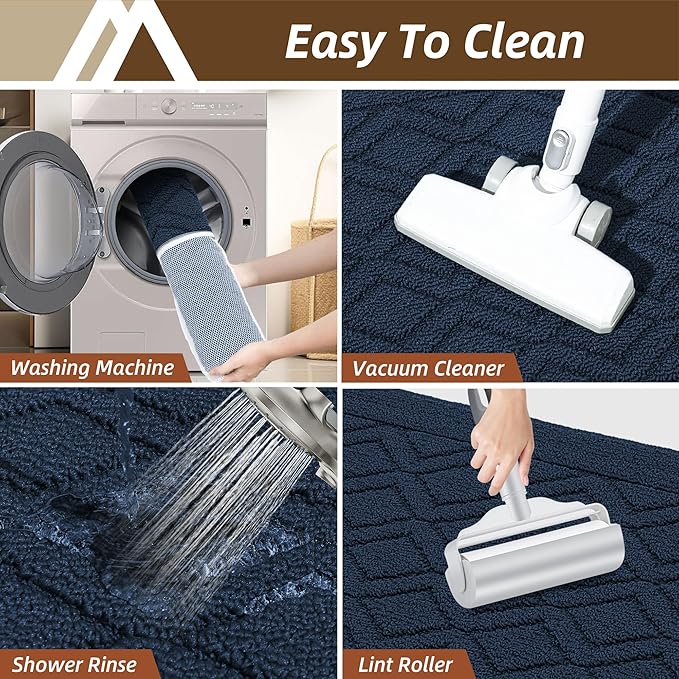 COSY HOMEER 48x20Inch/30X20Inch Kitchen Rugs Sets Non-Slip Washable Kitchen Mats for Floor Polypropylene Absorbent Kitchen Runner for Kitchen Sink Hallway Entryway,Navy Blue