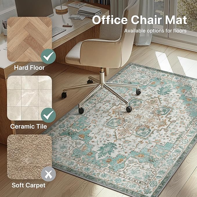 48"x72" Office Chair Mat for Hardwood Tile Floor, Under Desk Carpet Protector for Rolling Computer Chair Mat, Machine Washable Area Rug, Anti-Slip 1/5" Thick Low Pile Thin Vinyl Floor Mat, Cyan