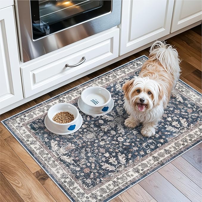 2x3 Non-Slip Washable Kitchen Rug - Boho Soft Small Area Rug for Sink, Entryway, Pet Area & Bathroom - Low Pile Thin Indoor Door Mat (Blue,2x3)