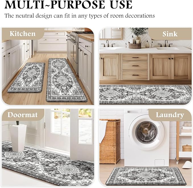 Boho Kitchen Mats for Floor 2 Piece Set Anti Fatigue Cushioned PVC Kitchen Rugs Non Slip Waterproof Farmhouse Mats 2/5 Inch Comfort Standing Mat for Sink, Laundry, 17.3"x59"+17.3"x28", Grey
