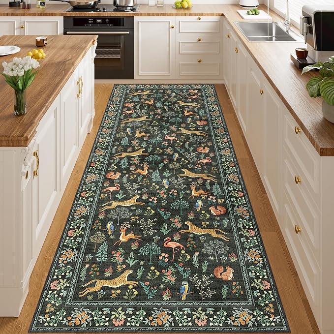 DUKINO 3x8 Washable Runner Rug, Low Pile Animal Print Non Slip Long Runner Rug for Kitchen, Lightweight & Non Shedding Indoor Carpet for Hallway, Kitchen, Entryway, Bathroom, Laundry, Black