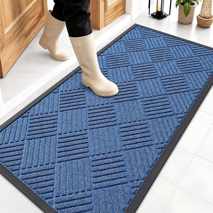 OLANLY Front Door Mat Outside Entrance 47x23, Absorbent, Heavy Duty Sturdy Natural Rubber Doormat Indoor Outdoor, Stain Fade Resistant, Non-Slip Low Profile Floor Mat for Entryway, Ocean Blue Diamond