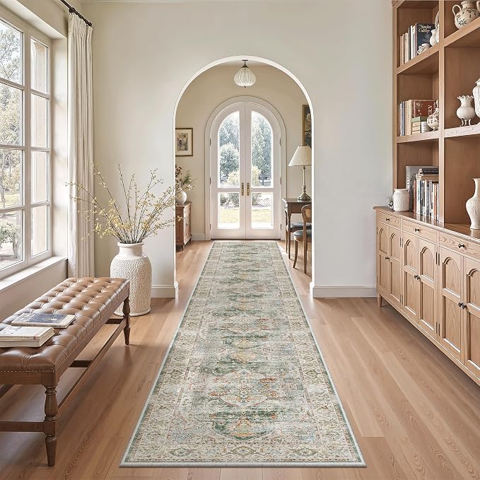 Madane Hallway Runner Rug 2x12, Extra Long Washable Runner Rugs with Rubber Backing, Non Slip Carpet Runner for Hallway, Vintage Rug Runners for Kitchen Laundry Room Entryway (Green, 2'x12')