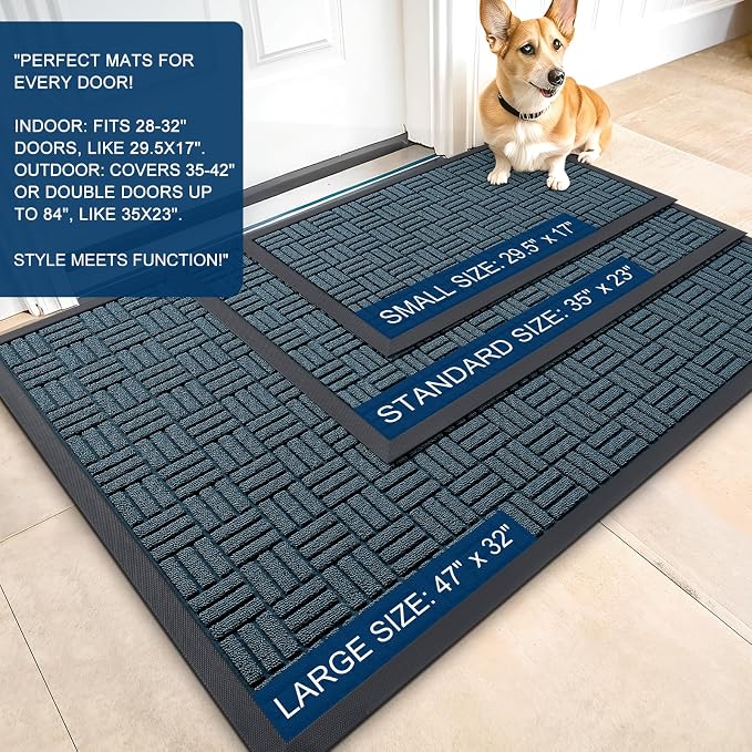 OLANLY Front Door Mat Outside Entrance 33x21, Absorbent, Heavy Duty Sturdy Natural Rubber Doormat Indoor Outdoor, Non-Slip, Stain and Fade Resistant, Low Profile Floor Mat for Entryway, Lake Blue