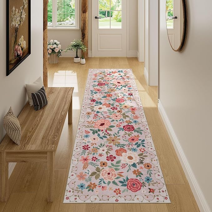 DUKINO Runner Rug, 2x7 Boho Kitchen Rug for Hallways with Low Pile Design, Washable Non Slip Backing Soft Floral Runner for Kitchen, Hallway, Entryway, Bedroom, Laundry, Beige