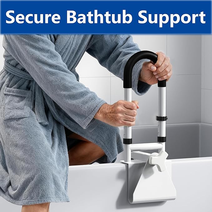 Adjustable Bathtub Safety Rail, Bathtub Handle Grab Bar with Non-Slip Grip for Seniors, Elderly, Fits 3.1 to 6.7 Inch Tub Walls, Supports 300 lbs