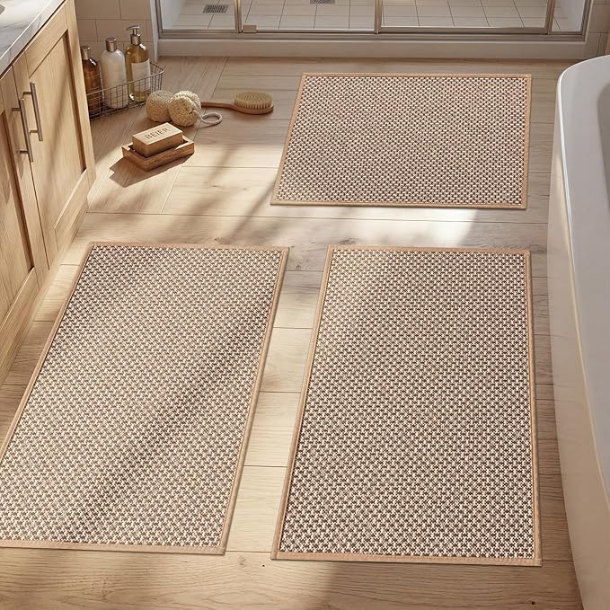 YIHOUSE Thin Bath Mat Khaki Bathroom Rugs Sets 3 Pieces, Non Slip Absorbent Bath Mats Quick Dry, Woven Braided Rugs Washable,Tapetes para Baño for Bathroom,Bathtub(17"x24"+17"x32"+17"x32")