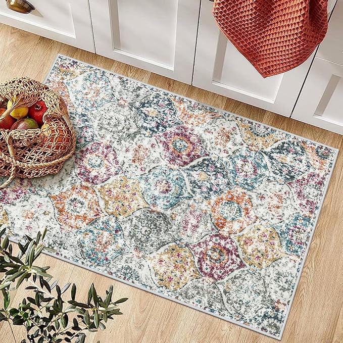 Lahome Moroccan Trellis Entryway Rug, 2x3 Kitchen Rugs Non Slip Washable, Non-Slip Indoor Door Mat Ultra-Thin, Small Throw Carpet for Bathroom Bedroom Entry Elise, Aqua/Multi