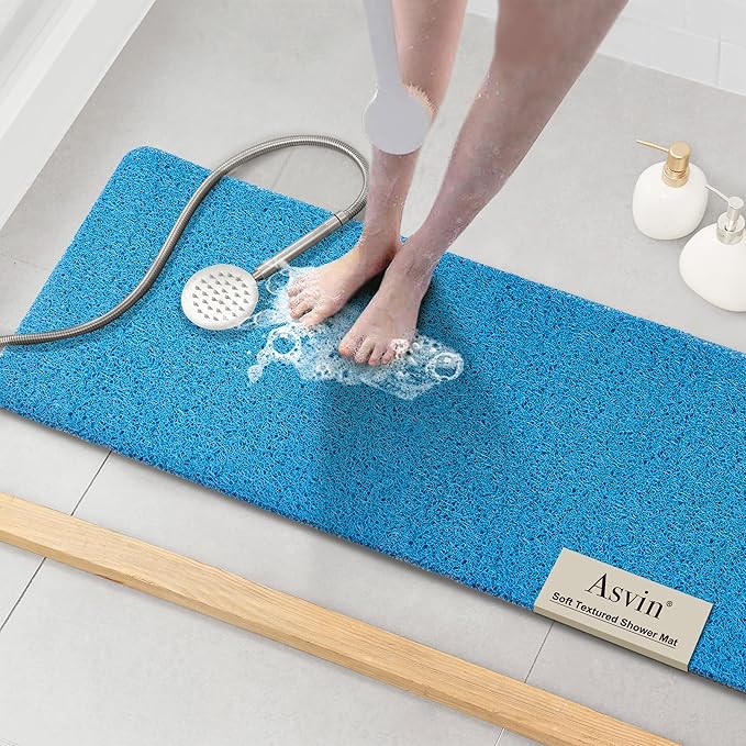 Asvin Soft Textured Bath, Shower, Tub Mat, 47x16 Inch, Phthalate Free, Non Slip Comfort Bathtub Mats with Drain, PVC Loofah Bathroom Mats for Wet Areas, Quick Drying