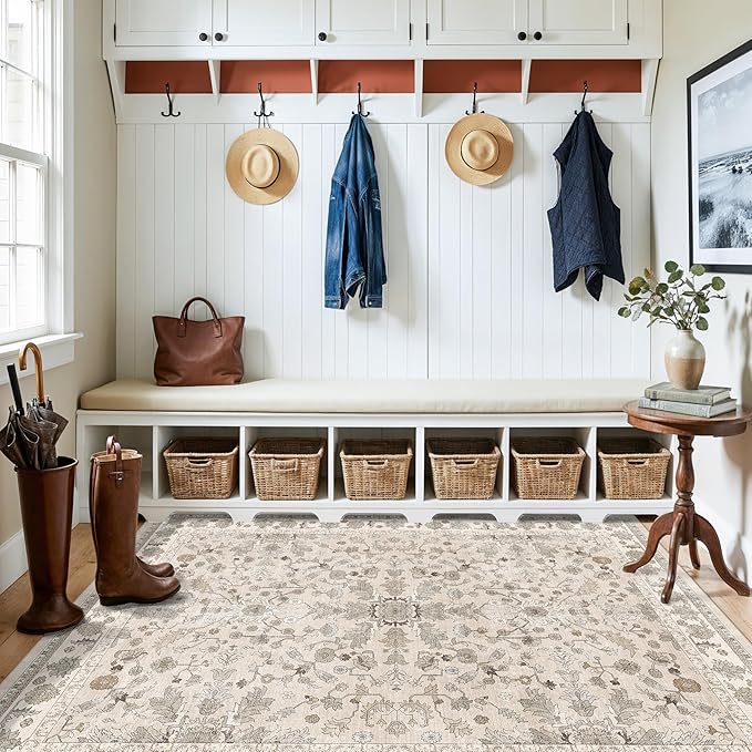 4x5 Washable Kitchen Entryway Rug – Non-Slip Soft Low Pile Indoor Carpet for Bathroom Living Room Bedroom – Boho Floral Small Throw Area Rug (Beige,4x5)