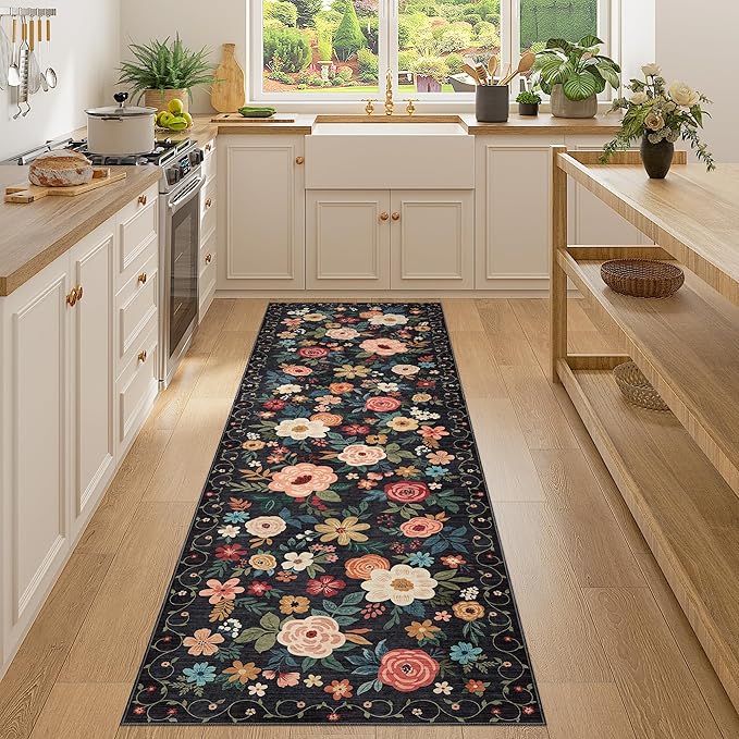 DUKINO Runner Rug, 2x7 Boho Kitchen Rug for Hallways with Low Pile Design, Washable Non Slip Backing Soft Floral Runner for Kitchen, Hallway, Entryway, Bedroom, Laundry, Black
