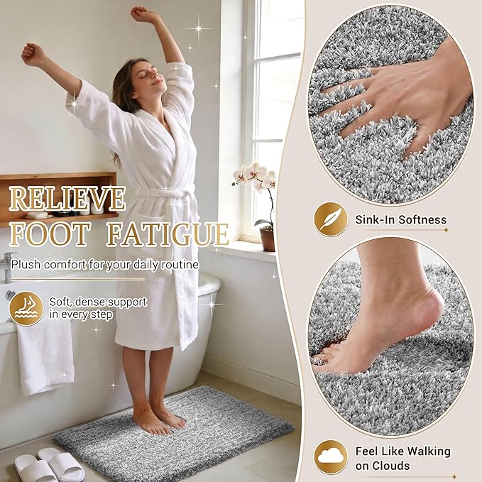 Yimobra Luxury Bathroom Rugs, Fluffy Bath Mats, Non Slip, Water Absorbent Microfiber, Machine Washable, Plush Runner Shower Rugs, Thick Matts for Bathroom Floor&Tub, 56" X 24", Light Gray and White