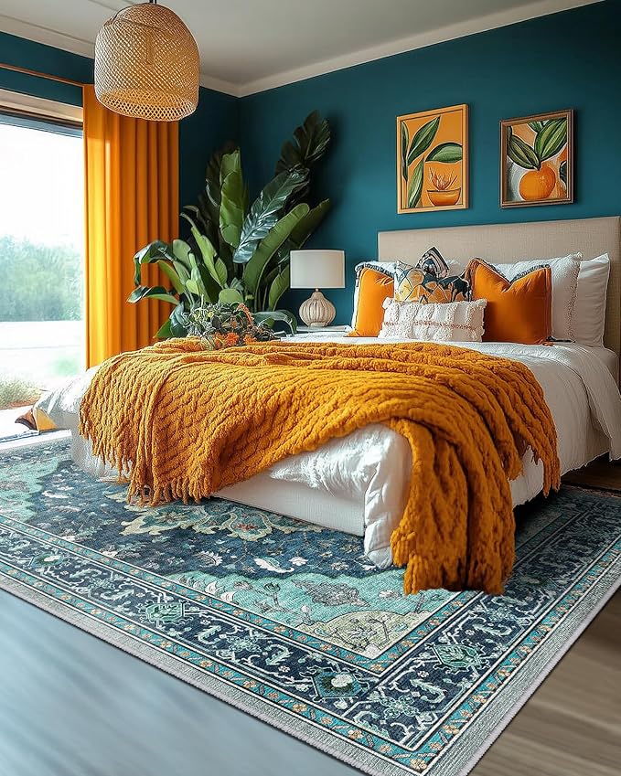 RELEANY Area Rugs 6'x9' Washable Non-Slip, Floral Vintage Distress Medallion Carpet for Living Room Bedroom Dining Room, Teal Green Lake Blue Turquoise