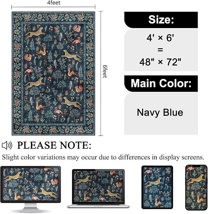 DUKINO 4x6 Rug, Washable Animal Area Rug with Non Slip Vintage Design, Indoor Soft Low Pile Carpet for Bedroom, Nursery, Dining Room, Farmhouse, Playroom, Navy Blue