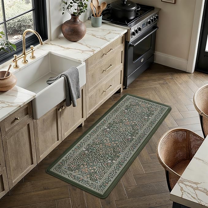 Kitchen Mats for Floor Thick Anti Fatigue Waterproof Vintage Spring Floral Kitchen Rugs 2PCS Cushioned Non Slip Black Green Comfort Standing Mats for Sink Laundry Office 17.3"×47"+17.3"×30"