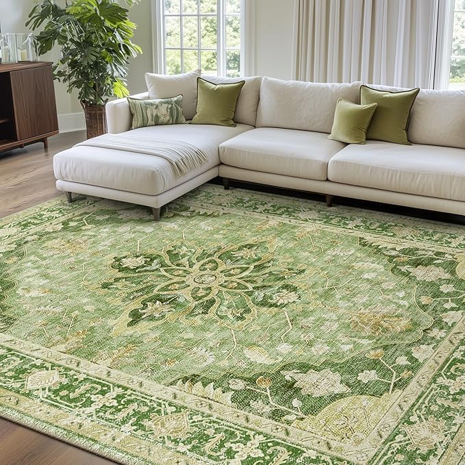 RELEANY Area Rugs 7'x10' Washable Non-Slip, Floral Vintage Distress Medallion Carpet for Living Room Bedroom Dining Room, Sage Green Yellow