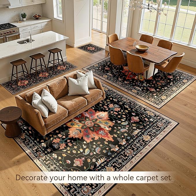 RELEANY Area Rugs 6'x9' Washable Non-Slip, Floral Vintage Distress Medallion Carpet for Living Room Bedroom Dining Room, Black Colorful Floral Dark Tan