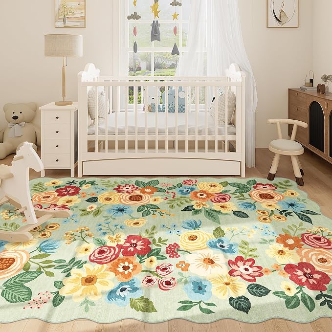 DUKINO 6x9 Area Rug, Floral Washable Rugs for Living Room with Non Slip Backing & Non-Shedding, Lightwight Low Pile Boho Design Large Carpets for Bedroom, Living Room, Dining Room, Green