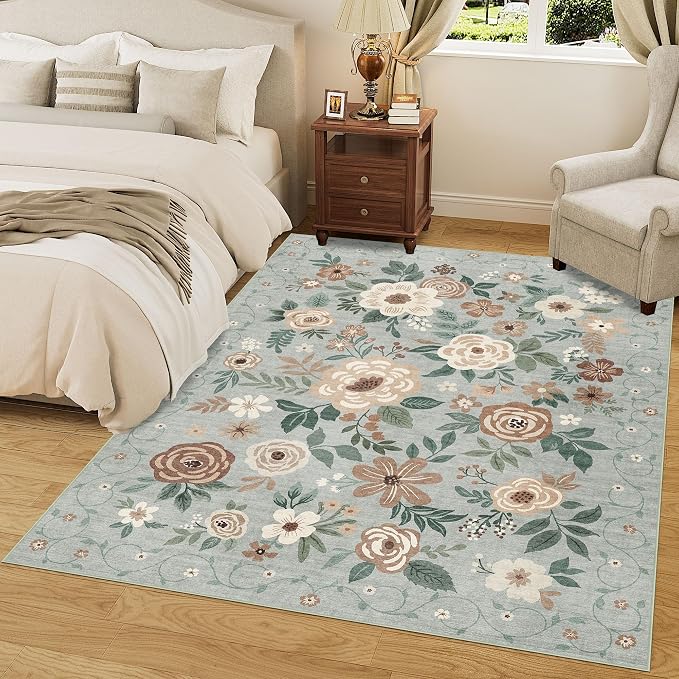 DUKINO 5x7 Area Rug, Floral Design, Lightweight Non Slip Washable, Indoor Low Pile & Non-Shedding Boho Rug for Bedroom, Living Room, Dining Room, Sage Green