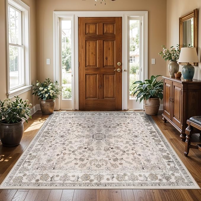 5x5 Square Washable Rug for Living Room: Non Slip Indoor Entryway Foot Carpet for Kitchen, Boho Soft Beige 5ftx5ft Low Pile Neutral Area Rug for Dining Room Bathroom (Beige, 5x5)