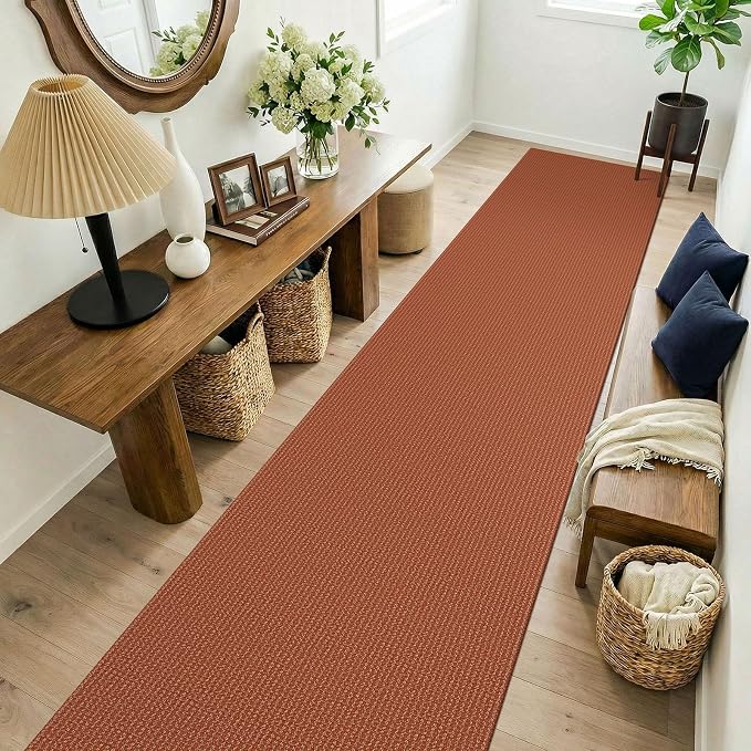 KOZYFLY Orange 2.5'x14' Runners Rugs for Hallway, Long Washable Runner Rug, Woven Non Slip Kitchen Runner, Flatweave Entryway Rug, Floor Carpet for Entry, Aisle, Hall, Burnt Orange/Tan