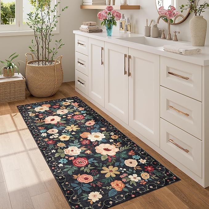DUKINO 2x5 Runner Rug for Hallway, Washable Kitchen Floral Runner Rug with Non Slip Backing, Low Pile Soft Boho Carpet for Kitchen, Hallway, Entryway, Laundry, Bedroom, Black