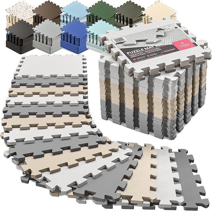 bemaxx Gym Mats Set - 18 pcs EVA Interlocking Foam Floor Tiles (12.6"x12.6"x0.4") 18sqft Protective Gym Flooring Sports Home Workout Exercise Mats Puzzle Garage Fitness Play-Room Pool Treadmill Bike