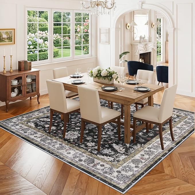 Square Rugs 5x5 Washable for Entryway: Non Slip Indoor Foot Carpet for Living Room, Boho Soft Black 5'x5' Low Pile Neutral Area Rug for Kitchen Dining Room Bathroom (Black, 5x5)
