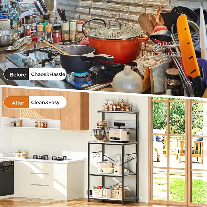 VUSIGN Kitchen Bakers Rack with Power Outlet, 4 Tiers Microwave Stand with Storage, 23.6 Inch Coffee Bar Station with 6 S Hooks, Adjustable Shelf Rack for Pots/Pans/Spices, Gray