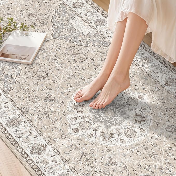 Hallway Washable Runner Rug - 2'6x12 Kitchen Rugs Entryway Rug Runner Vintage Soft Floor Mat Non Slip Indoor Farmhouse Carpet for Bathroom Living Room Bedroom (2'6''x12', Beige)