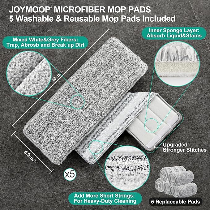 JOYMOOP Flat Mop System, Microfiber Mop and Bucket Set, White, Hands-Free Wet and Dry Floor Cleaning for Household and Commercial Use, Includes 5 Washable Pads