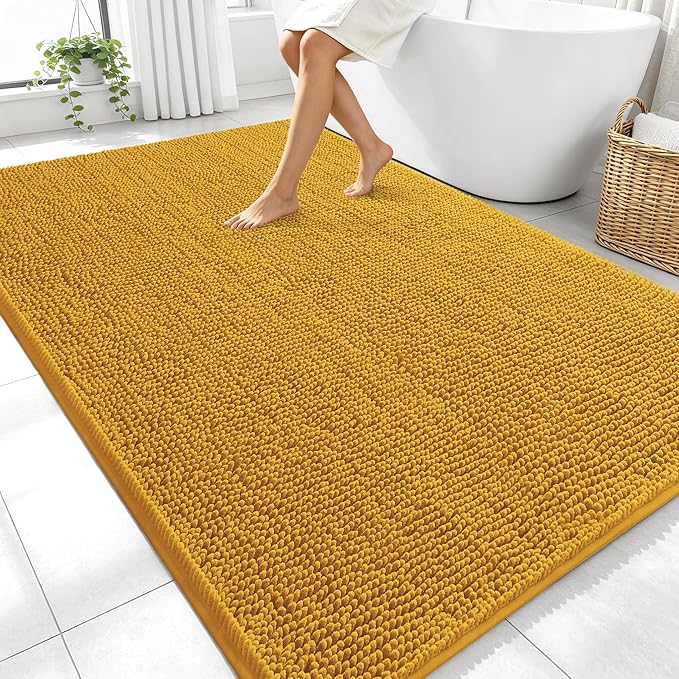 OLANLY Large Bathroom Rugs 70x46, Soft Absorbent Chenille Bath Rugs, Rubber Backing Quick Dry, Machine Washable Bath Mats for Bathroom Floor, Tub and Shower, Home Decor Accessories, Golden Yellow