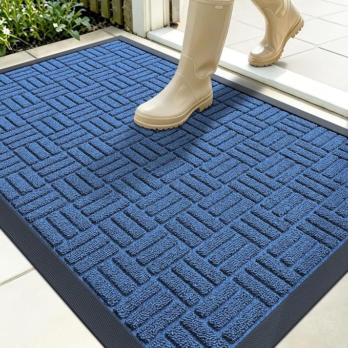 OLANLY Front Door Mat Outside Entrance 35x23, Absorbent, Heavy Duty Sturdy Natural Rubber Doormat Indoor Outdoor, Non-Slip, Stain and Fade Resistant, Low Profile Floor Mat for Entryway, Ocean Blue