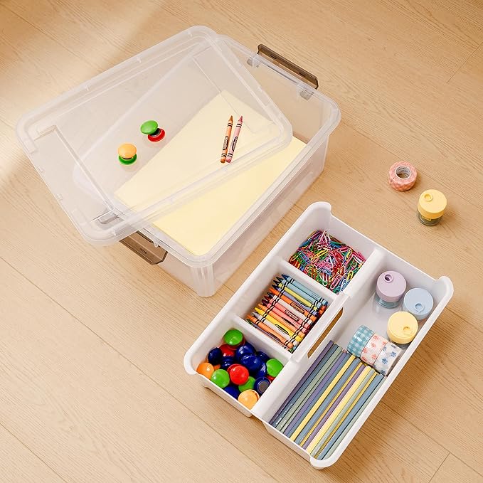 Citylife 17 QT Plastic Storage Bins Clear Storage Box with Removable Tray Stackable Latching Box with Handle for Organizing Tool, Craft, Office, Bead