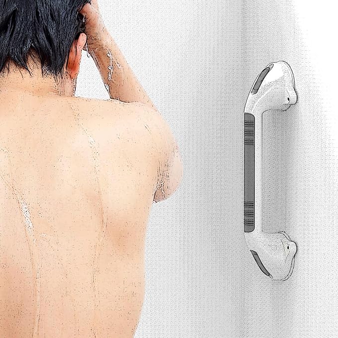 16.5inch Suction Bath Grab Bar with Indicators, Balance Assist Bathroom Shower Handle (White/Grey, Pack of 1)