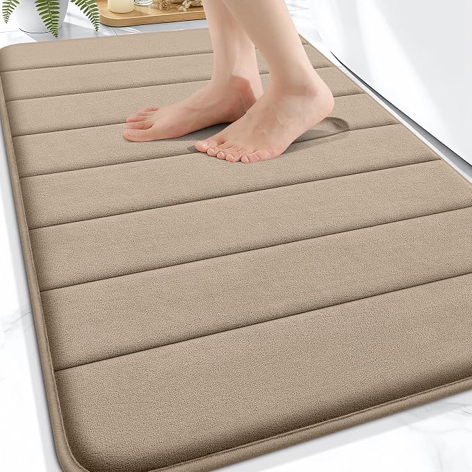 OLANLY Memory Foam Bath Mat 32x20, Super Soft Absorbent Bathroom Rugs, Quick Dry, Machine Washable Shower Floor Rugs, Bathmat Carpet, Bathroom Home Decor Accessories, Tan