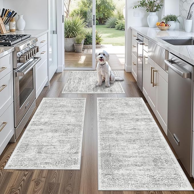 Washable Non-Slip 3 Piece Kitchen Rugs Set – Modern Boho Low-Pile Area Rugs and Runner for Entryway Bathroom Hallway – Decorative Small Indoor Rugs (Grey Ivory, 2x3+2x4+2x5)
