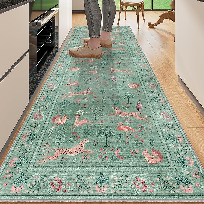 DUKINO 2.6x8 Rug for Hallway, Washable Kitchen Runner Rug with Non Slip Backing, Soft Low Pile Vintage Animal Runner for Bedroom, Kitchen, Hallway, Entryway, Laundry, Teal