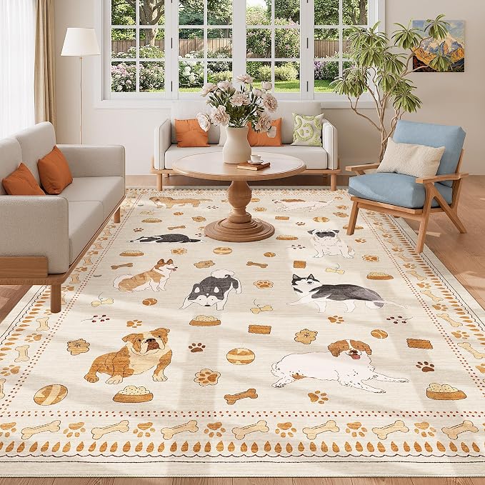 DUKINO 5x7 Rug for Living Room, Lightweight Animal Dog Print Washable Area Rug, Non Slip & Low Pile Floor Mat, Stain Resistant Carpet for Bedroom, Nursery, Dining Room, Kids Playroom, Beige Yellow